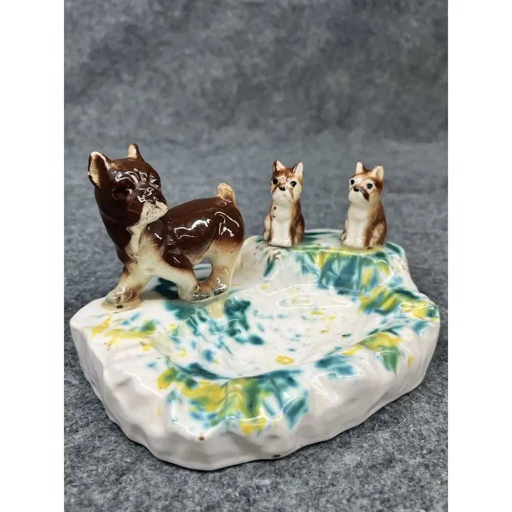 Vtg MCM Boxer Bulldog Dog Puppies Ceramic Ashtray Trinket Soap Dish Japan